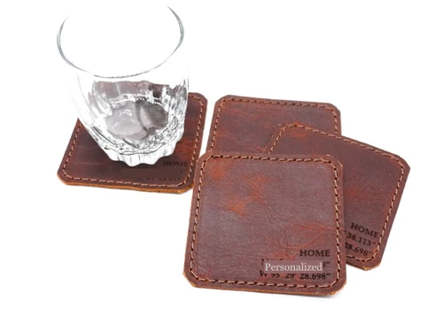 Custom leather coasters. Personalized bison leather coasters made in the USA by Ozark Mountain Leather. Can be personalized with your name or initials.