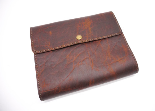 Close-up of flap and snap closure on custom bison leather Bible cover American bison leather, handmade personalized, made to order, made just for you and your book, customize,