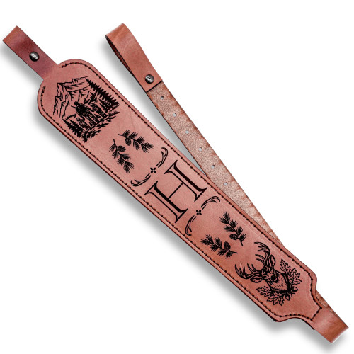 Custom personalized Hermann Oak leather rifle sling with laser engraved family design and hand-finished details