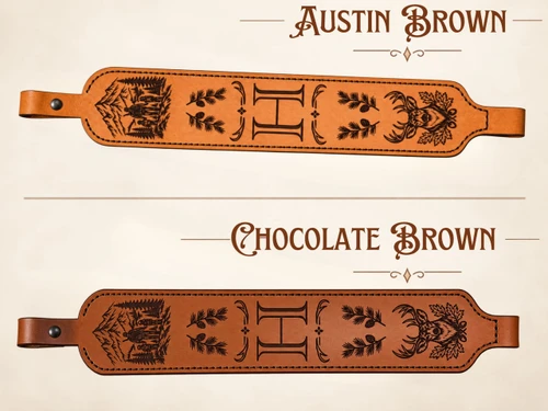 Austin Brown and chocolate brown Hermann Oak leather Cobra rifle sling with father and children laser engraving, family initial, and deer design