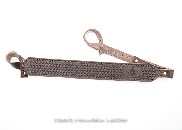 Custom leather Shotgun sling, black hand tooled handmade in USA Ozark