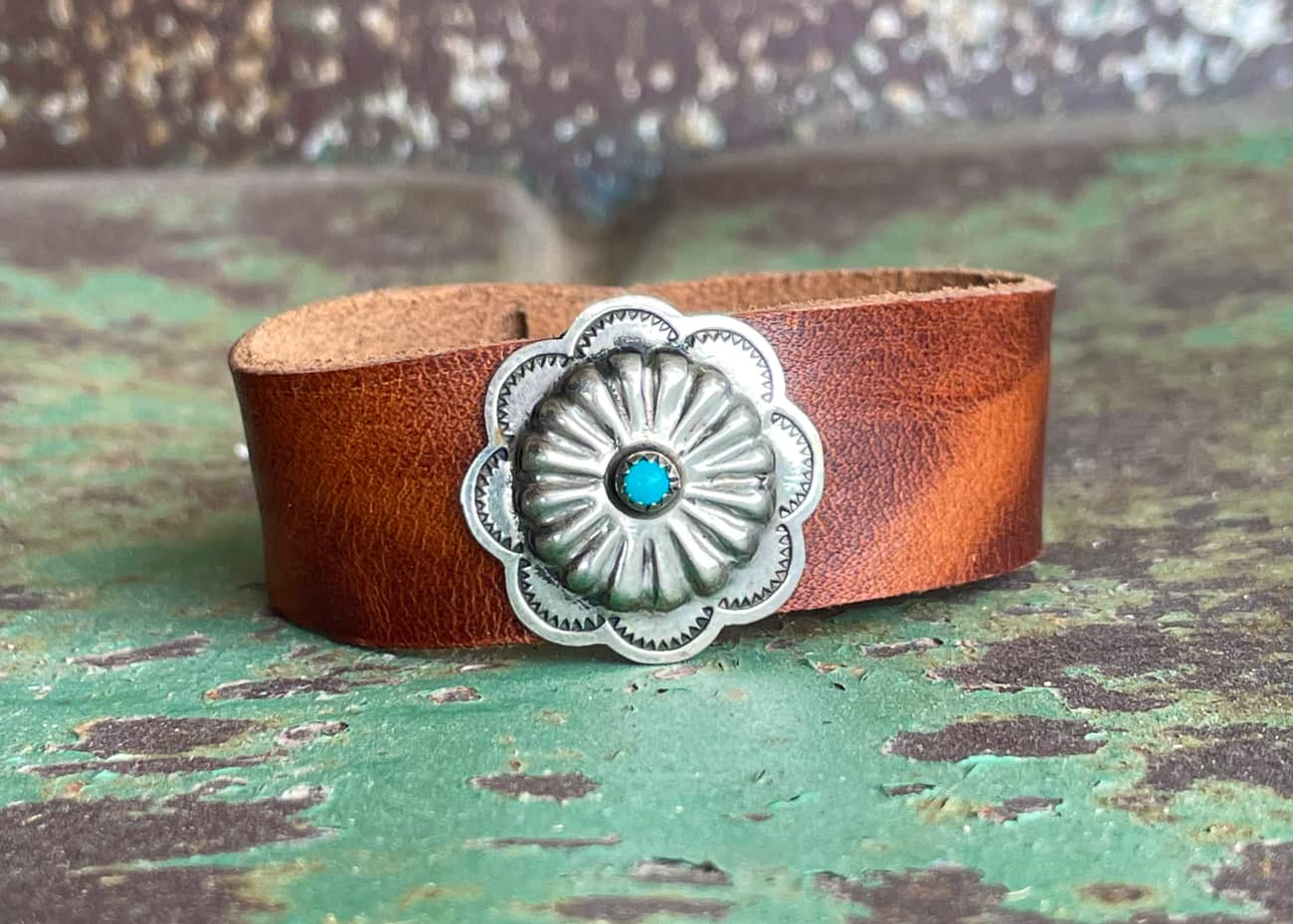 Sterling silver and turquoise concho brown leather cuff