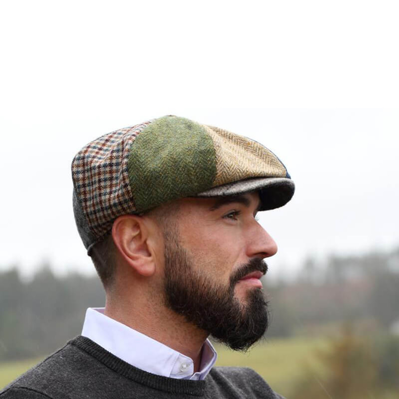 Eight Piece Irish Patchwork Flat Cap Made of Tweed Wool