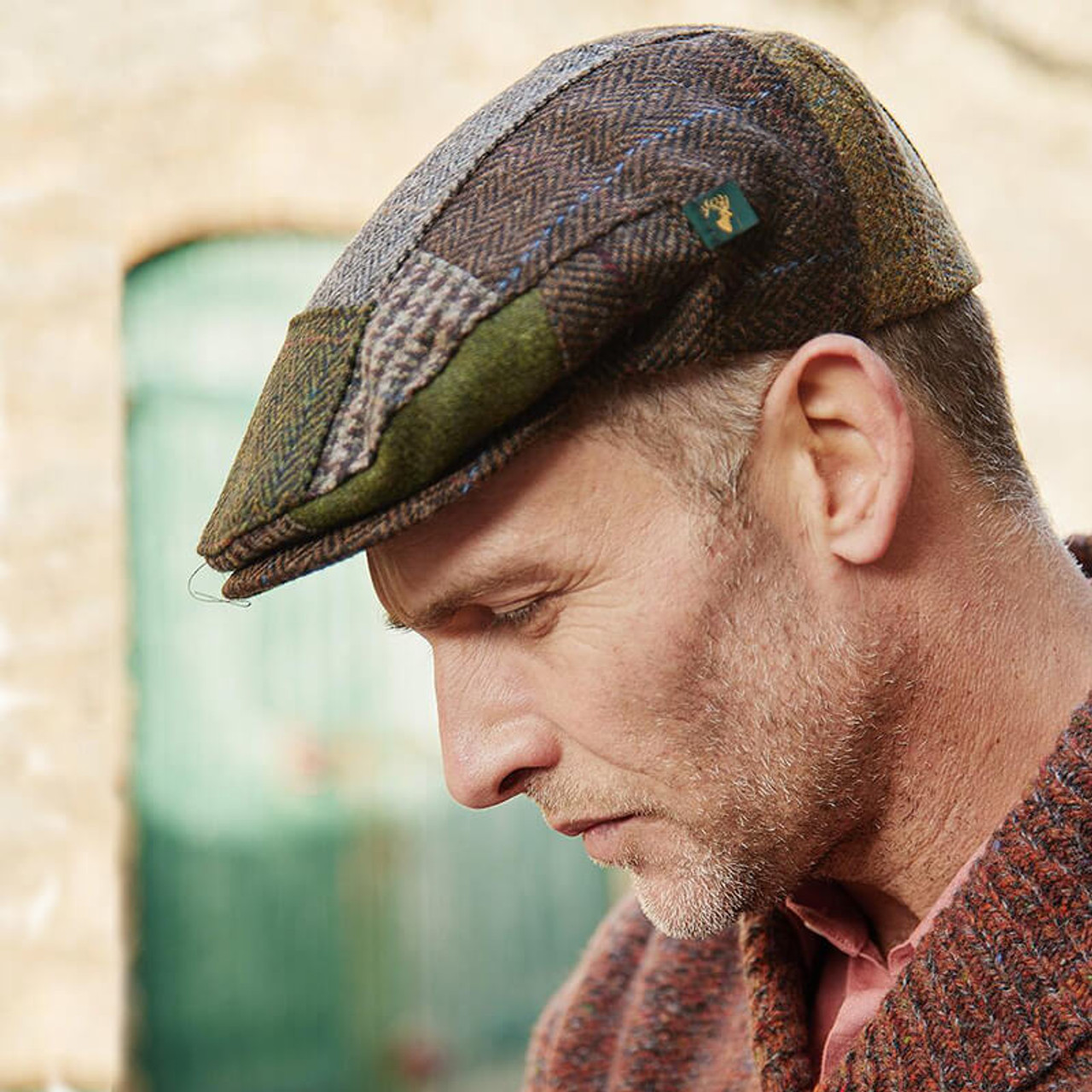 Mucros Weavers Irish Wool Patchwork Flat Cap in Brown/Green