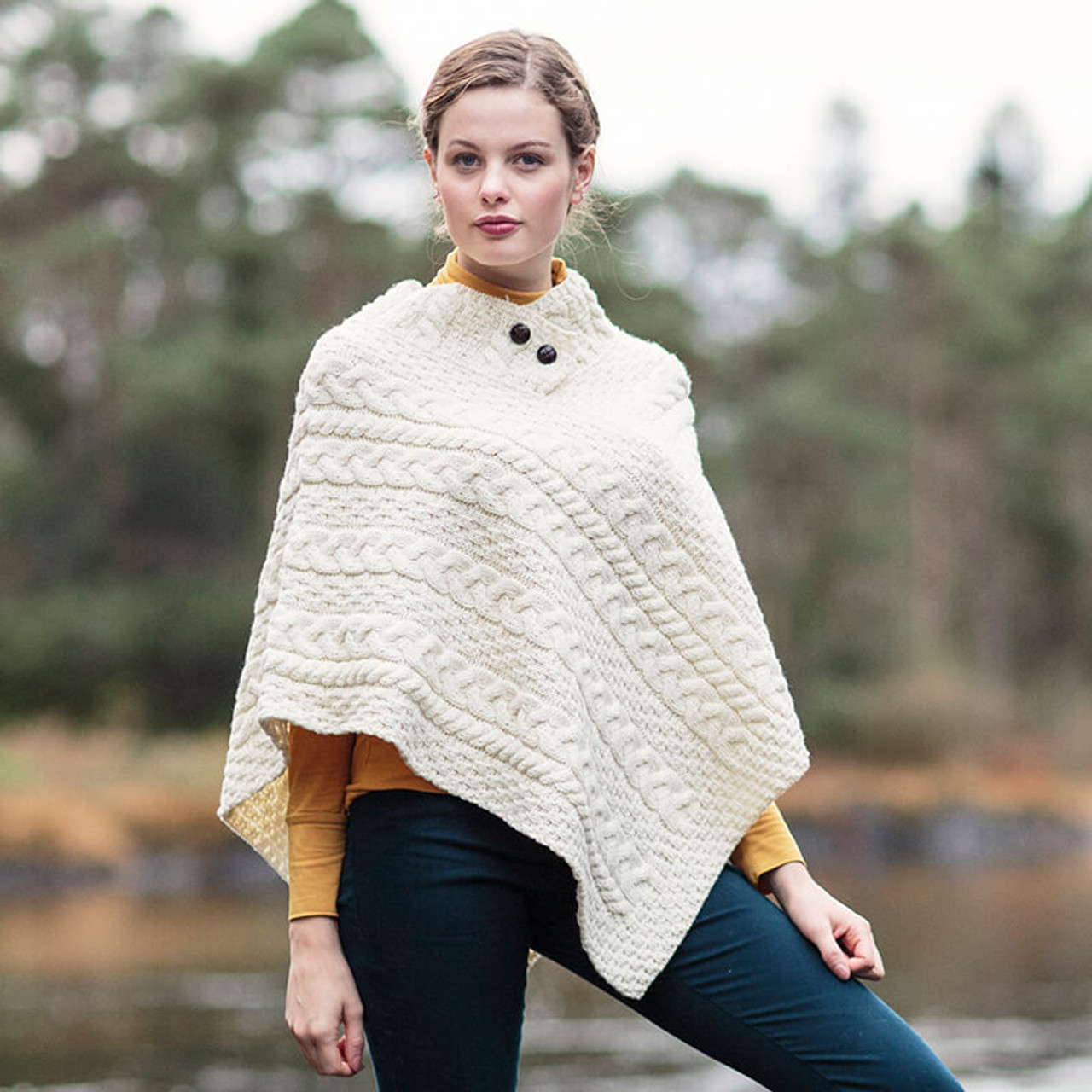 Cable Aran Poncho With Button Detail