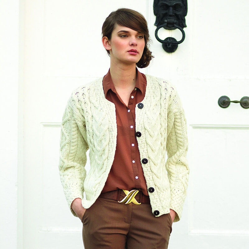 Ladies Irish Merino Wool Cardigan - Aran Cable Knit, Natural Color, Size Large, Made In Ireland