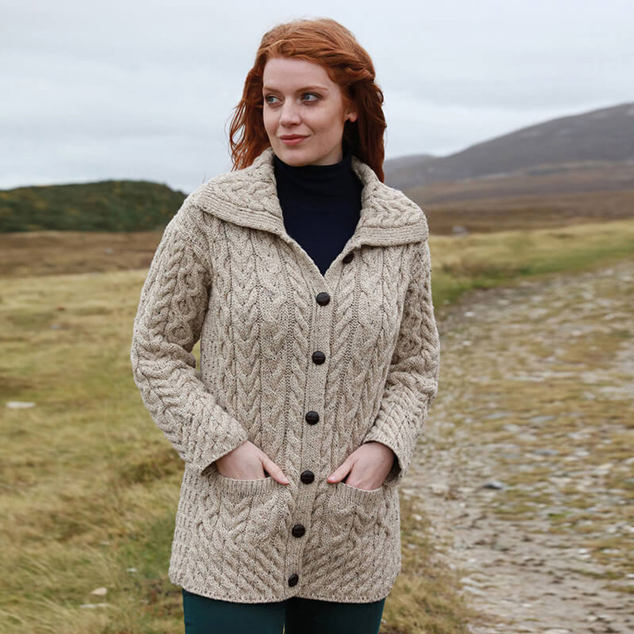 Long Chunky Wool Aran Knit Cardigan with Collar | ExclusivelyIrish.com