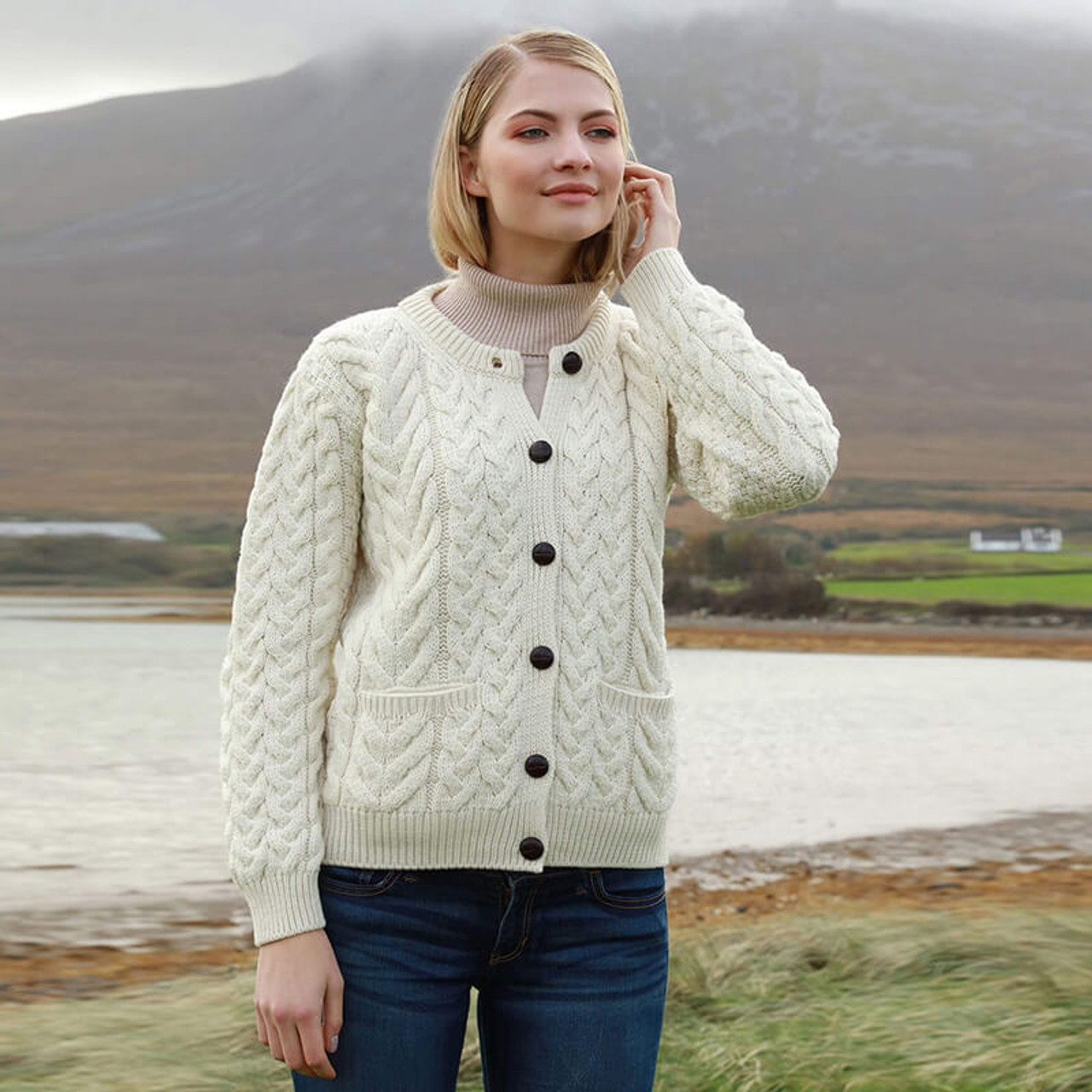 Irish Cardigan | Merino Wool Aran Knit Ladies Button Cardigan