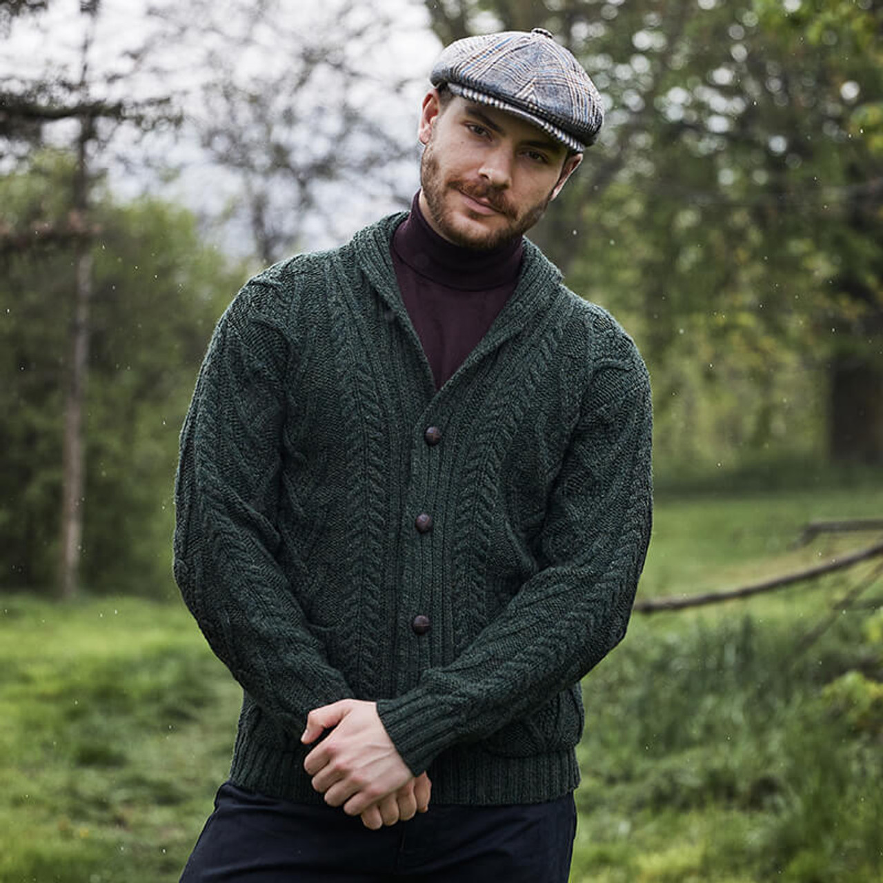 Mens Aran Cable Shawl-Collar Cardigan