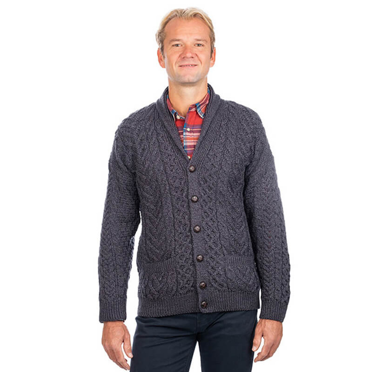 Saol Knitwear Men's Irish Cable Shawl-Collar Cardigan - Charcoal Gray (Select Size:: Medium)