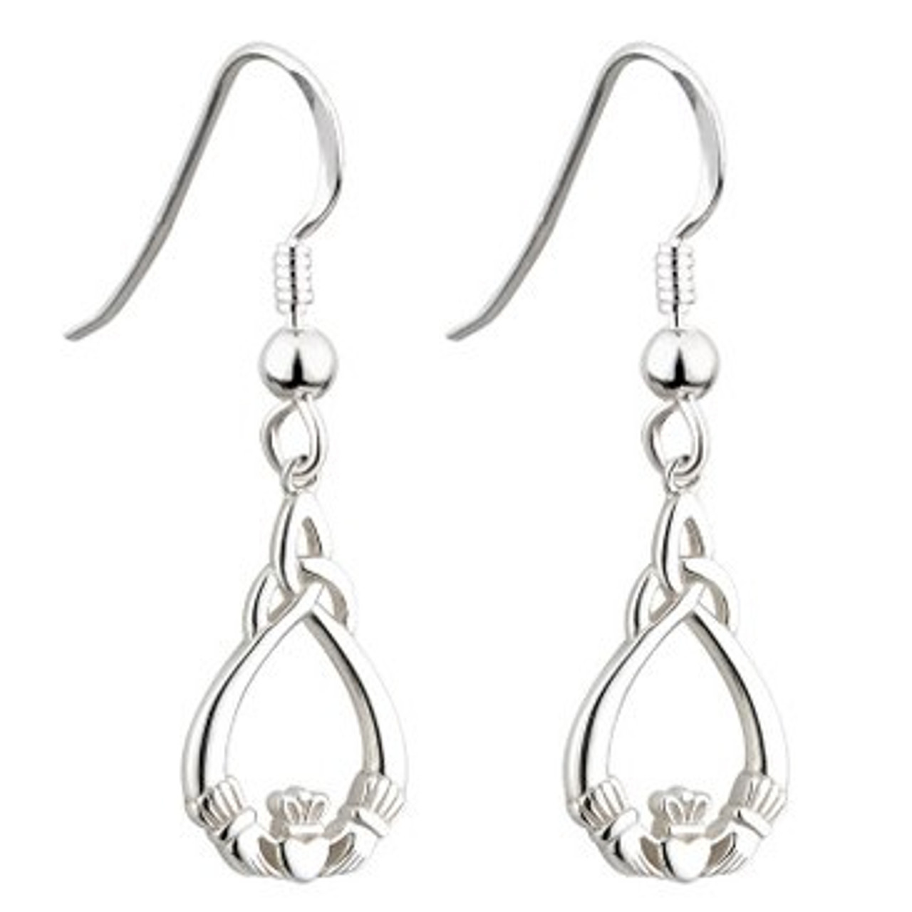Sterling Silver Claddagh Trinity Drop Earrings fish Hook