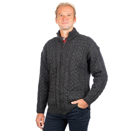 SA357 045 CHARCOAL Colour Men’s Irish Aran Zip Cardigan with Cable Stitch ShopAran.com