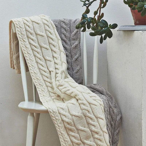 B927 MISTY GREY and NATURAL WHITE Colour Classic Cable Knit Aran Throw Blanket ShopAran.com