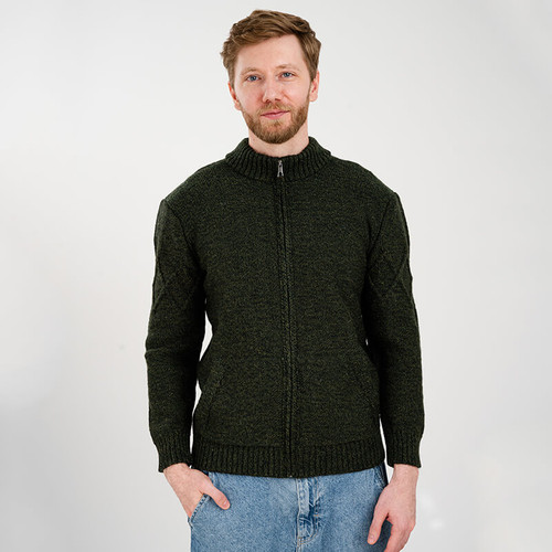 MM223 602 ARMY GREEN Colour Men’s Irish Cardigan In Diamond Stitch ShopAran.com