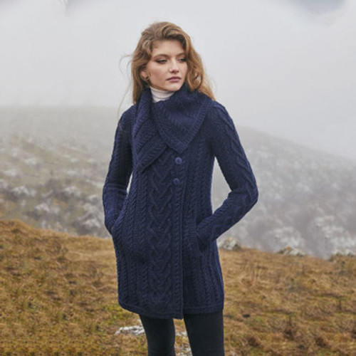 BUY NOW ML120 104 NAVY BLUE Colour Chunky Collar Aran Coat Merino Wool Buttons ON ShopAran.com