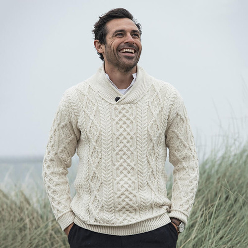 BUY ONLINE B414-367 Buttoned Shawl Neck Aran Sweater ShopAran.com