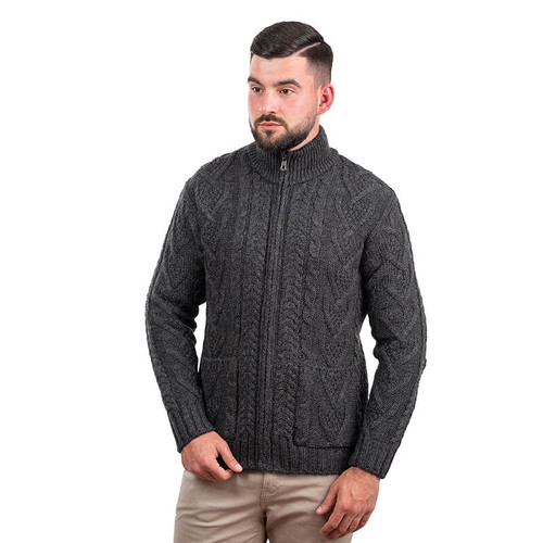 MM205 101 CHARCOAL Colour Men’s Irish Cable Zip Cardigan ShopAran.com