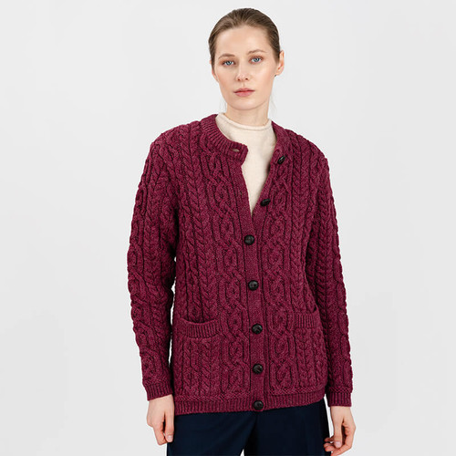 ML115 112 VELVET RED Colour Women Merino Wool Aran Lumber Jacket with Leather Buttons ShopAran.com