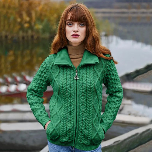 ML174 105 GREEN Colour Women’s Zip Aran Cardigan Jacket ShopAran.com