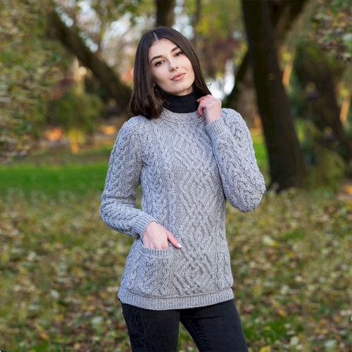 Buy ML102 103 GREY Colour Irish Womens Aran Sweater with Cable Stitches and Pockets ShopAran.com