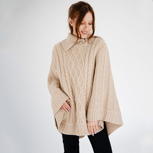 ML161 109 Traditional Irish Merino Poncho with Zipper Neckline ShopAran.Com