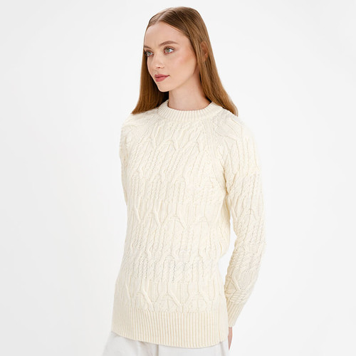 Buy AWL103 300 NATURAL WHITE Colour  Women’s Cable Crew Neck Aran Sweater ShopAran.com