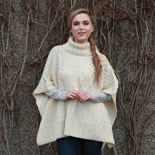 A453 162 NATURAL WHITE Colour Traditional Aran Poncho Cable Knit Cowl Neck ShopAran.com