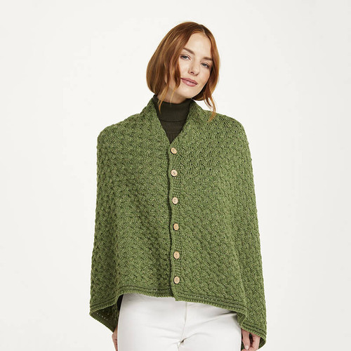 BUY ONLINE B819 430 MEADOW GREEN Colour Irish Women Knitted Aran Poncho Side Button Closure Different Styling ON ShopAran.com