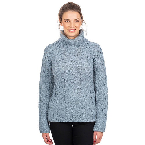 SA303 201 MISTY BLUE Colour  Ladies Turtleneck Aran Sweater ShopAran.com