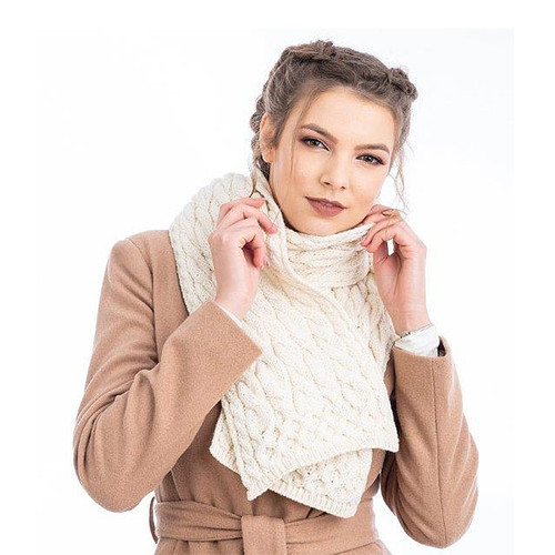 SB799 367 NATURAL WHITE Colour Long Aran Cable Scarf In Supersoft Merino Wool ShopAran.com