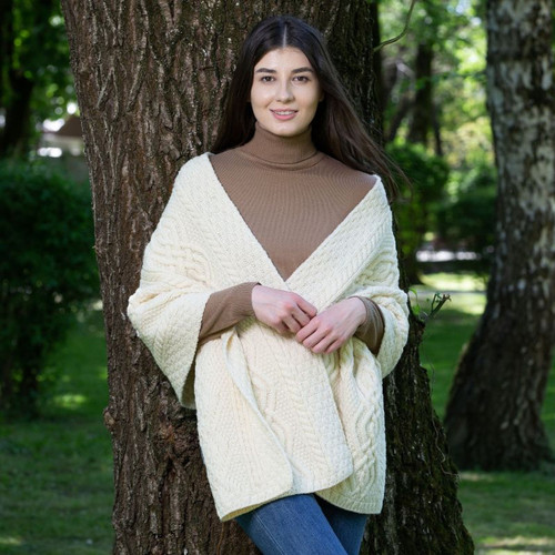 ML124 100 NATURAL WHITE Colour Traditional Irish Cable Knit Wrap ShopAran.com