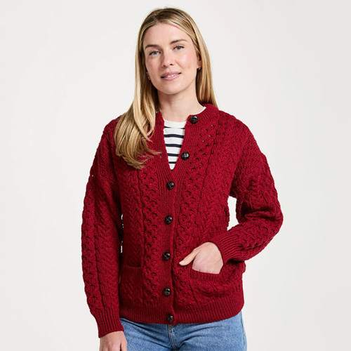 A570 014 RICH RED Colour Traditional Aran Lumber Cardigan ShopAran.com