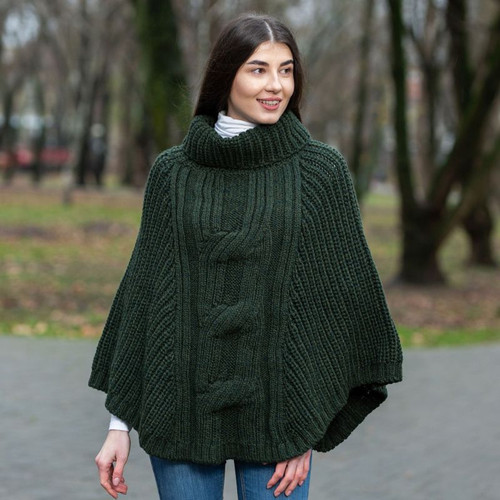 ML133 102 ARMY GREEN Colour Irish Aran Poncho In 100% Merino Wool ShopAran.com