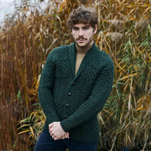 BUY ONLINE MM904 102 ARMY GREEN Colour Men’s Irish Aran Shawl Neck Cardigan In Merino Wool ON ShopAran.com