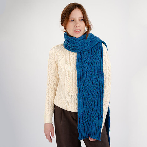 ML252 107 TEAL BLUE Colour Cable Moss Stitch Irish Scarf ShopAran.com