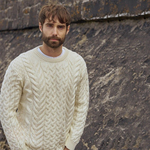 B689367 NATURAL WHITE Colour 100 Merino Wool Aran Sweater for Men ShopAran.com