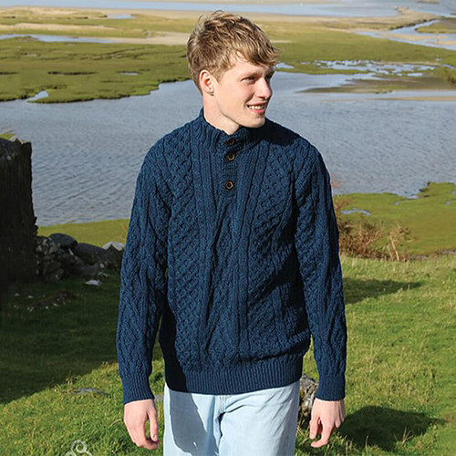 B811 303 ATLANTIC BLUE Colour Men’s Irish Aran Sweater in Diamond Knit ShopAran.com