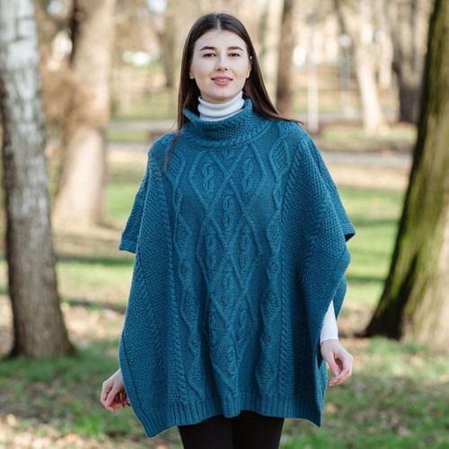 ML145 107 TEAL BLUE Colour Oversize Cowl Neck Aran Poncho ShopAran.com