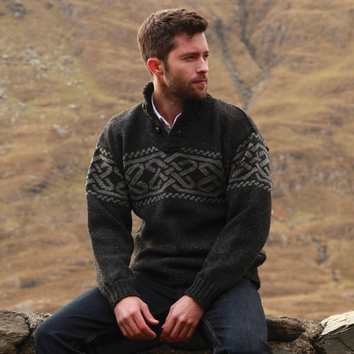 A271195 CHARCOAL Colour Donegal Men’s Troyer Wool Sweater ShopAran.com