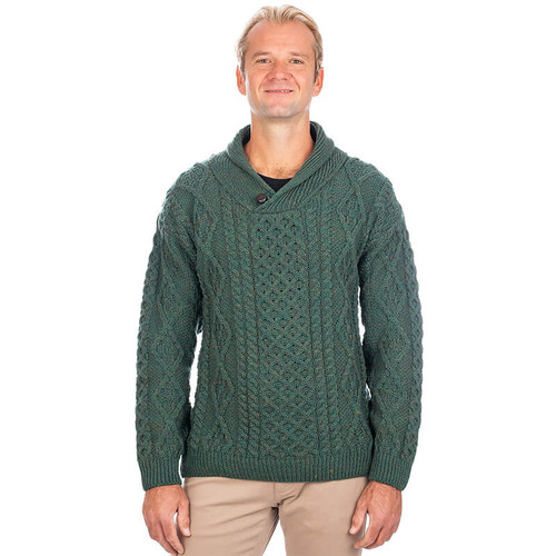 Shop Online SA209 403 CONNEMARA GREEN Colour Irish Shawl Collar Sweater Cable & Honeycomb Knit with Button Closure On ShopAran.com