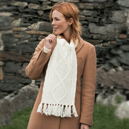 S173669 Fringe Irish Knit Scarf in Soft Merino Wool ShopAran.com