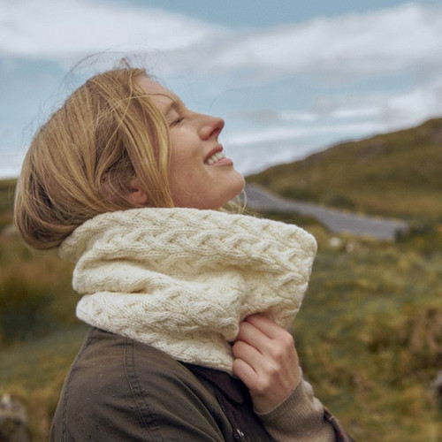 B859 367 NATURAL WHITE Colour Aran Cable Knit Snood Scarf ShopAran.com