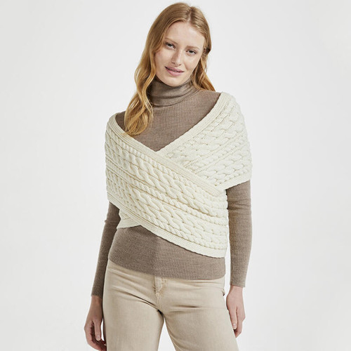 B349 162 NATURAL WHITE Colour 100% Merino Wool Cross Over Wrap Cardigan ShopAran.com