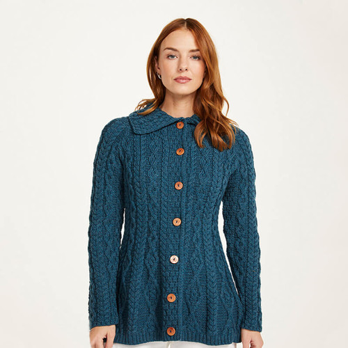 B551 443 TEAL BLUE Colour Women’s Irish Diamond Stitch Merino Wool Cardigan ShopAran.com