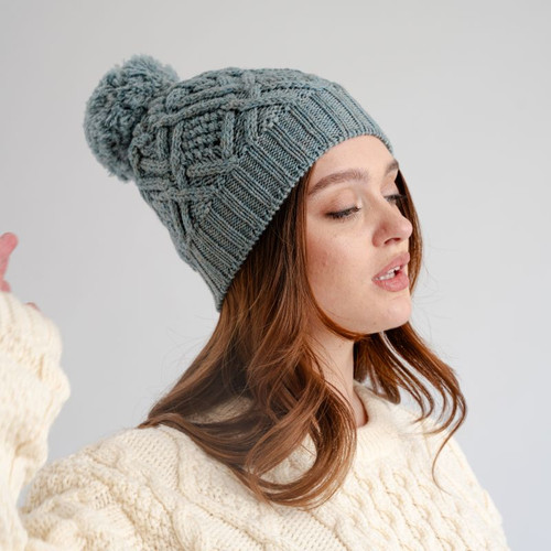 ML254 113 MISTY BLUE Colour Ladies Knit Beanie Irish Cable Stitch ShopAran.com