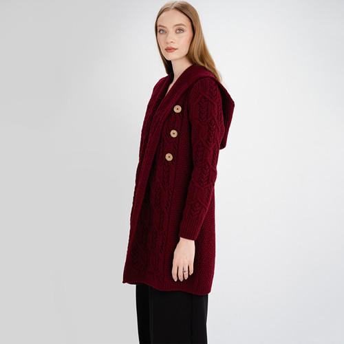 ML162 108 Traditional Aran Coat with Hood in Merino Wool Sideview ShopAran.Com