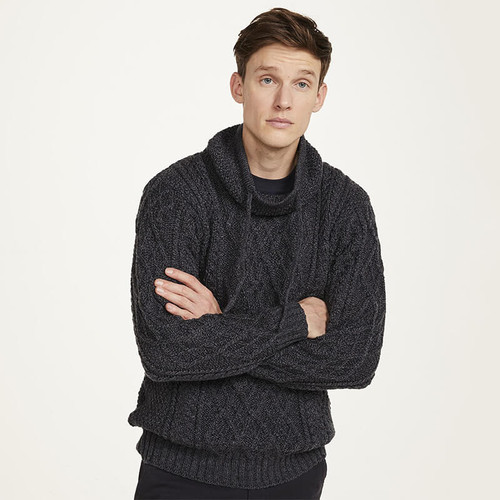 B558070 CHARCOAL Colour  Men’s Cowl Neck Irish Aran Sweater with Drawcords ShopAran.com