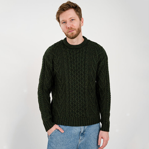 MM208 102 ARMY GREEN Colour Merino Wool Aran Knitted Fisherman Sweater ShopAran.com