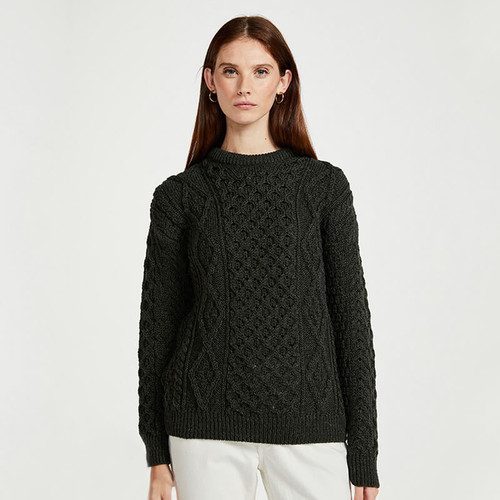 B392 W 924 MOSS GREEN Colour Authentic Irish Aran Crewneck Sweater with Classic Stitches ShopAran.com