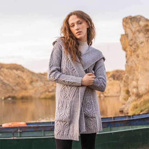 BUY ONLINE ML116 103 GREY Colour Ladies Hooded Aran Cable Stitch Cardigan ON ShopAran.com